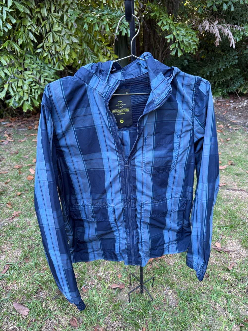 GAP Blue Plaid Hooded Rain Jacket
